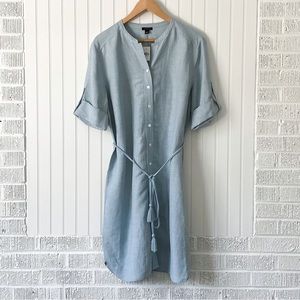 Ann Taylor Linen Blend Blue Shirtdress with Braided Tie, Size Large